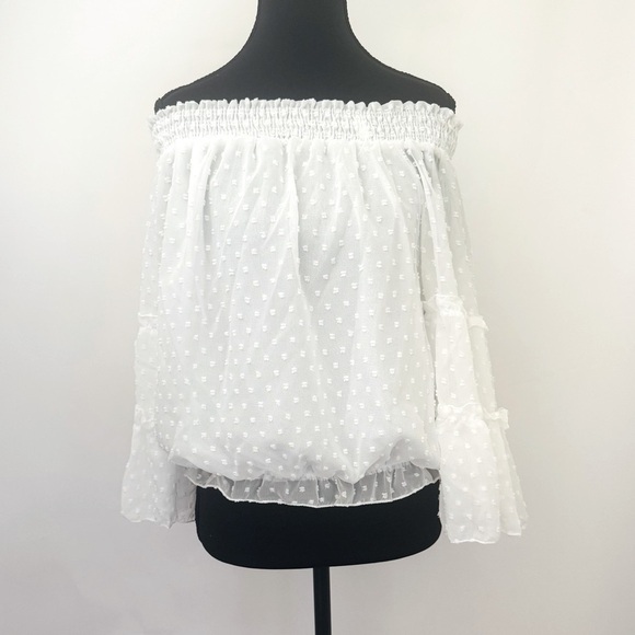 HL Affair Off the Shoulder Boho Peasant Blouson Top, White, Size M, NWT - Picture 2 of 11
